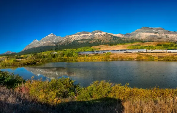 Autumn, forest, the sky, the sun, trees, mountains, lake, train