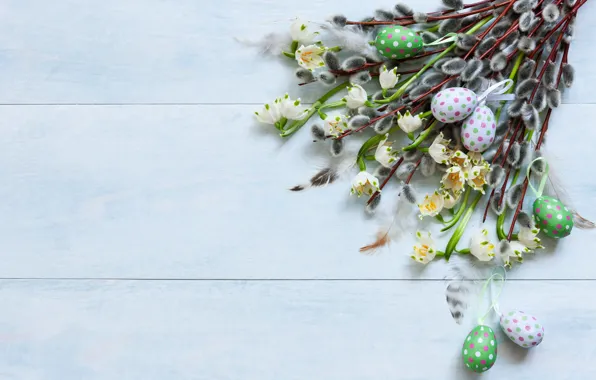 Picture flowers, eggs, colorful, Easter, happy, wood, Verba, flowers, Easter, eggs, decoration