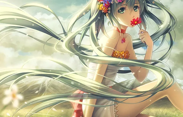 Picture girl, flowers, mountains, nature, anime, art, vocaloid, hatsune miku