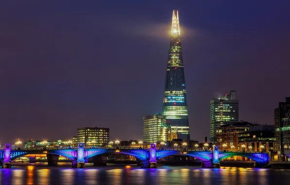 Night, bridge, the city, river, England, London, building, lighting