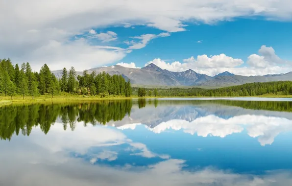 Picture the sky, clouds, trees, mountains, reflection, Water