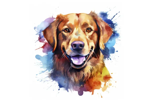 Language, portrait, dog, watercolor, white background, blots, painting, face
