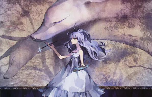 Magic, picture, girl, Fox, palette, brush, blue hair, sundress