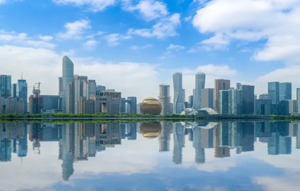 The city, River, Skyscrapers, China, Shanghai, Urban landscape