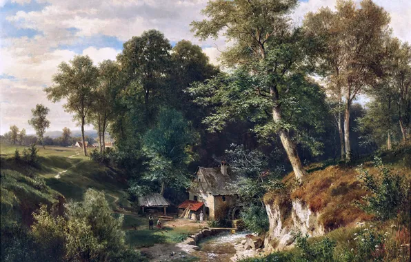Mill, Trees, Stream, Picture, Austrian artist, Ludwig Halauska, Ludwig Halauska, The mill by the stream