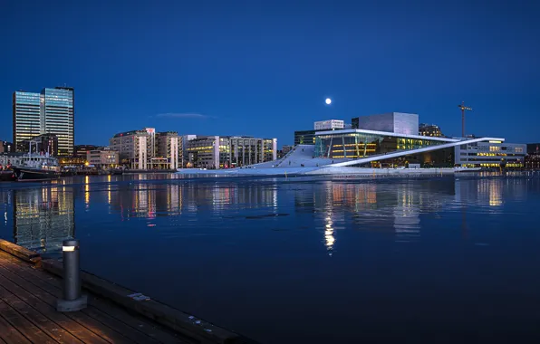 Night, lights, home, Norway, harbour, Oslo, Opera house