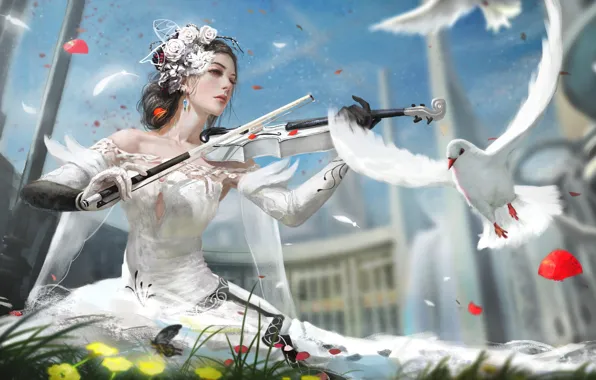 Girl, Dove, Bird, Violin, Girl, Day, Dress, Art