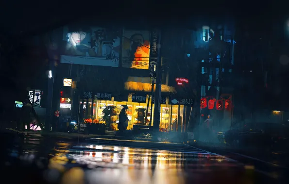 The city, Neon, Street, Rain, Style, City, Art, Night