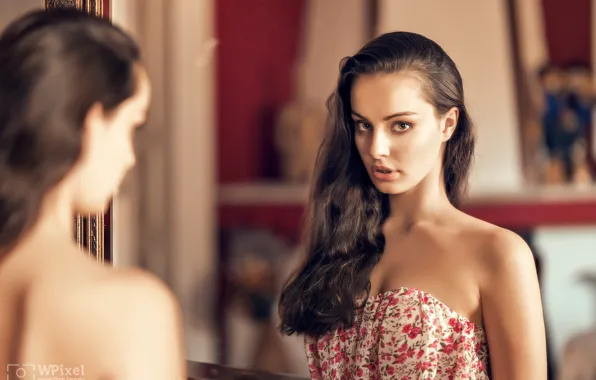 Reflection, model, portrait, makeup, dress, mirror, hairstyle, brown hair