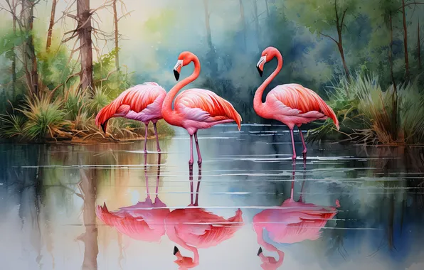 Trees, birds, lake, bird, shore, watercolor, painting, trio