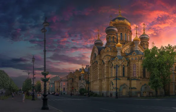 Road, sunset, the evening, lights, Saint Petersburg, temple, Russia, Andrey Kucherov