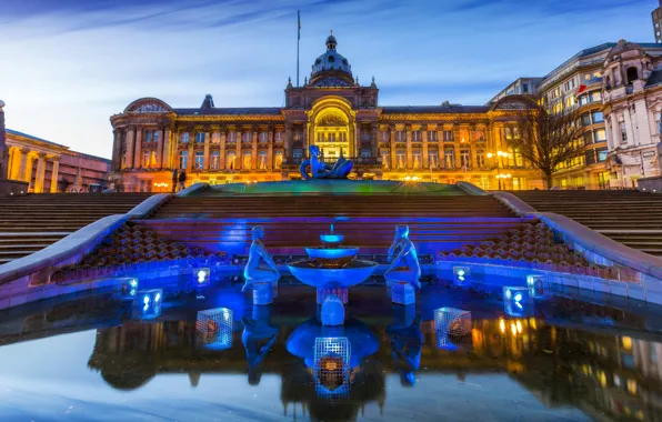 Picture lights, England, the evening, lights, ladder, fountain, Palace, sculpture
