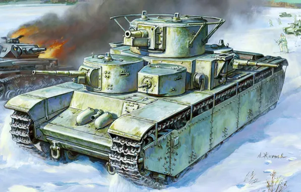 Picture winter, gun, art, artist, tank, USSR, battle, guns