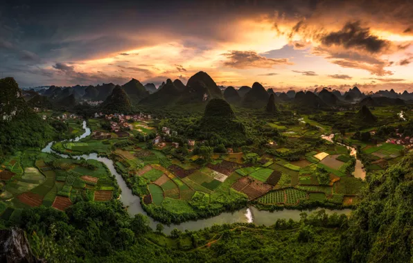 Picture the sky, clouds, mountains, river, hills, field, China, Asia