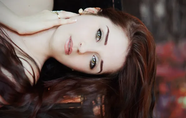 Look, girl, face, eyelashes, hair, hands, ring, green eyes