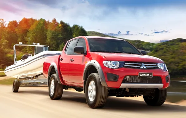 Picture the sky, trees, mountains, red, boat, jeep, SUV, Mitsubishi