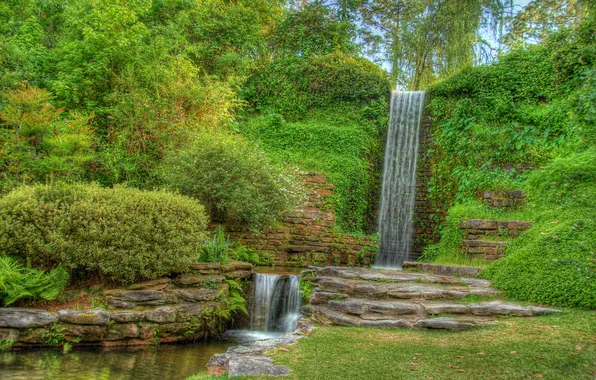 Picture trees, Park, stones, wall, waterfall, stream, cascade, the bushes