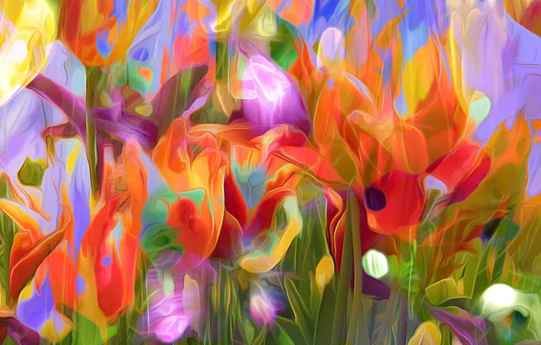 Flowers, rendering, petals, garden, meadow