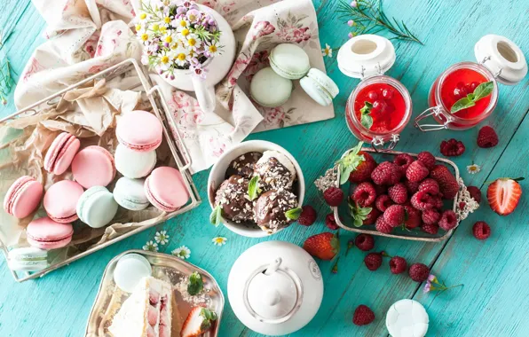 Berries, raspberry, chocolate, chamomile, cookies, ice cream, cake, dessert