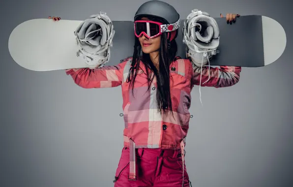 Girl, pose, background, snowboard, brunette, glasses, jacket, costume