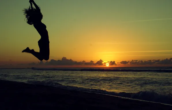 Picture sea, beach, the sun, clouds, sunset, nature, jump, hair