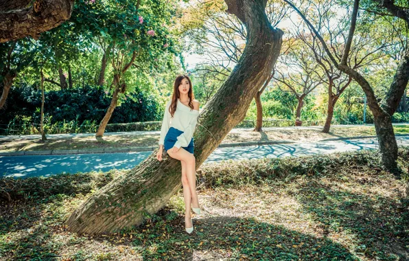 Picture summer, girl, Park, stay, hair, Asian, sitting