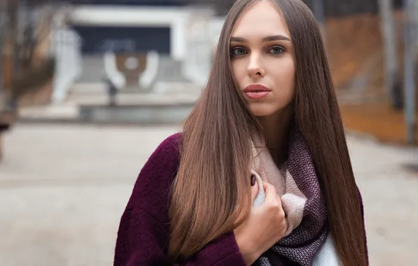 Look, model, makeup, scarf, hairstyle, brown hair, beauty, coat