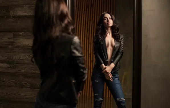 Reflection, Girl, Photo, Chest, Model, Girl, Jeans, Hair