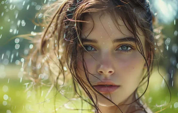 Picture look, water, girl, drops, squirt, close-up, face, portrait