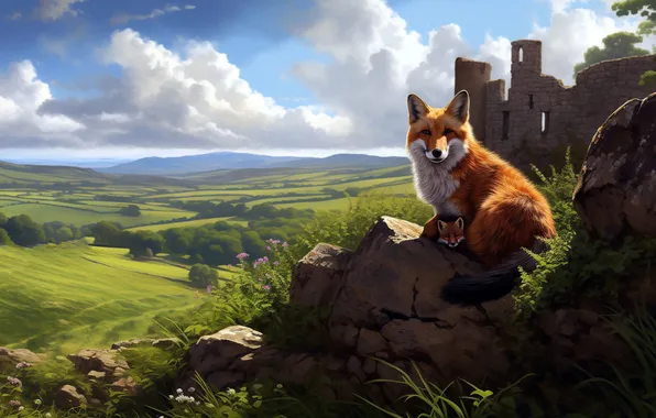 Mountains, stones, castle, Fox, ruins, mother, Fox, Lima
