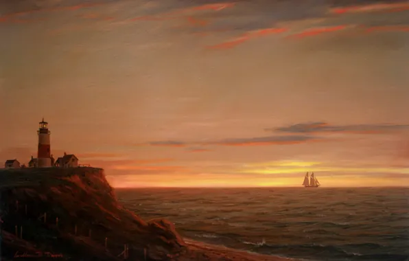 Sea, the sky, light, landscape, sunset, shore, lighthouse, ship
