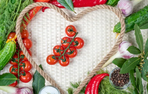 Greens, heart, rope, pepper, vegetables, tomatoes, composition
