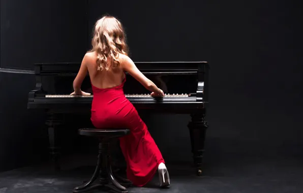 Girl, red, back, dress, piano, dress, curls, plan