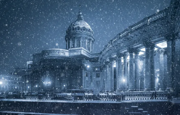 Winter, snow, Saint Petersburg, temple, Russia, Kazan Cathedral, promenade, colonnade