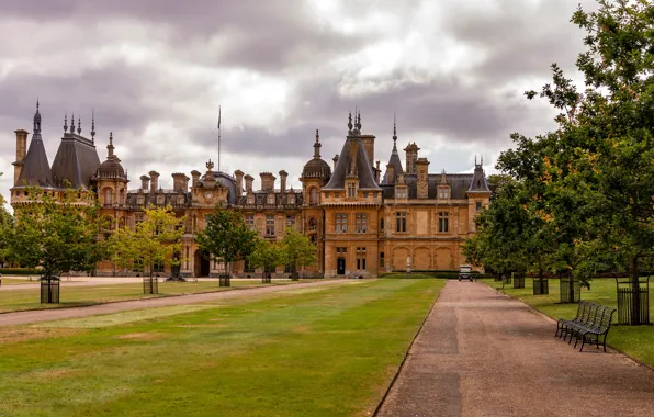 Clouds, trees, lawn, England, mansion, benches, the estate, Waddesdon Manor