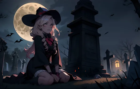 Picture moon, girls, anime, night, gothic, people