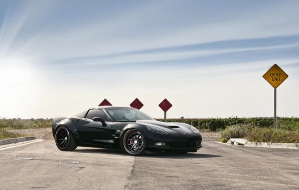 Black, Z06, Corvette, Chevrolet, Chevrolet, black, road sign, Corvette