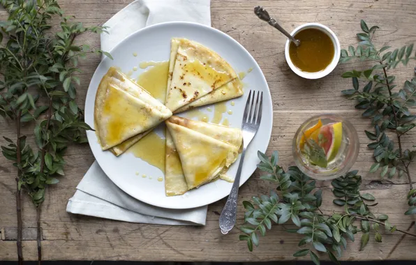 Tea, Breakfast, honey, pancakes