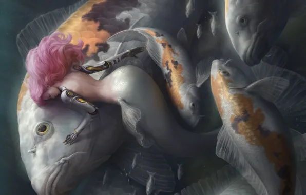 Picture girl, mermaid, fish, fantasy, pink hair, Kotikomori