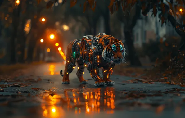 Picture tiger, futuristic, half robot