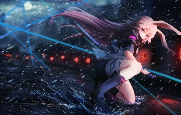 Pose, weapons, rain, katana, anime, blonde, rain, ears
