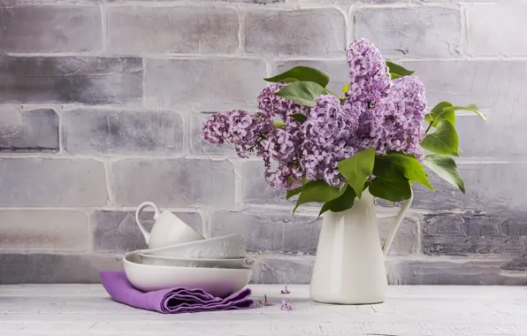 Picture bouquet, dishes, pitcher, lilac, Alouette2019