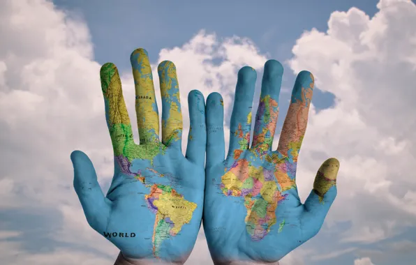 Picture the world, world, map, hands, palm, hands