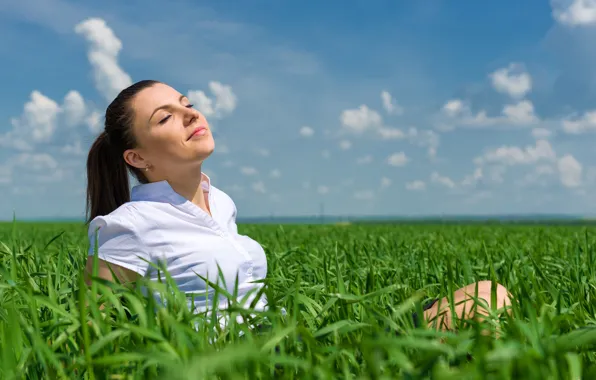 Greens, field, white, summer, the sky, grass, girl, the sun
