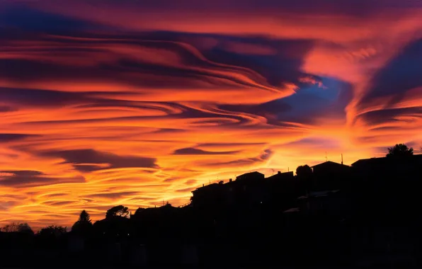 The sky, clouds, home, the evening, silhouettes