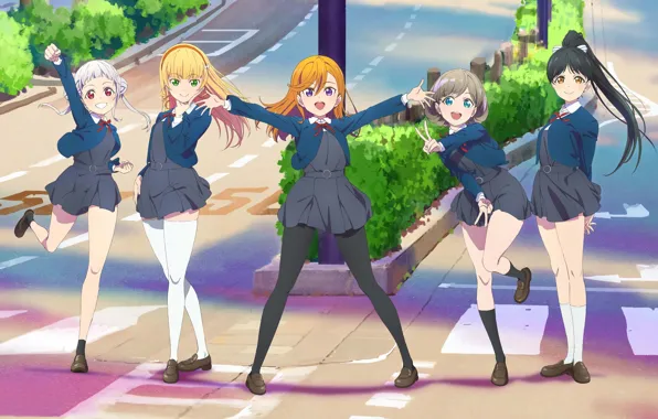 City, school uniform, stockings, brunette, blonde, jacket, anime girl, Love Live