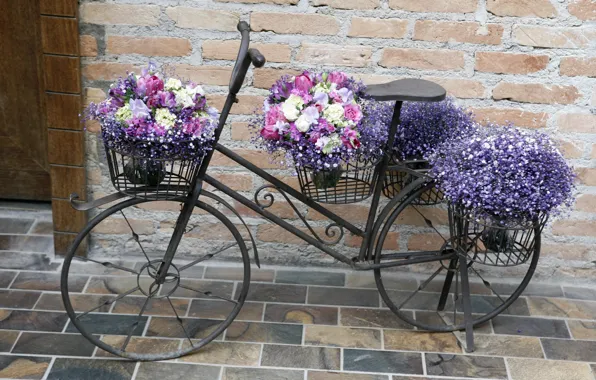 Flowers, bike, bouquets, composition