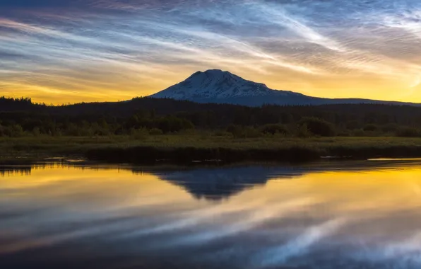 Forest, the sky, clouds, sunset, mountains, lake, reflection, shore