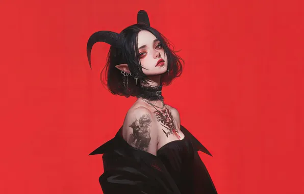 Girl, Devil, Anime, Sake, Tattoo, Demon, Horn, Red Background