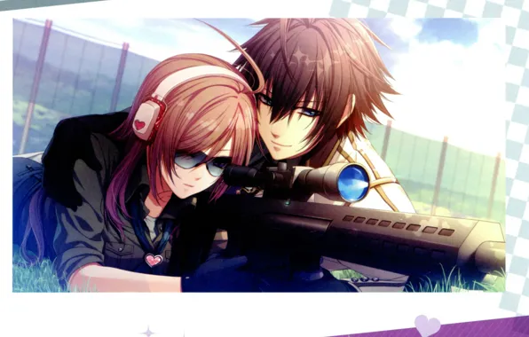 Picture headphones, glasses, hearts, two, date, sight, rifle, visual novel